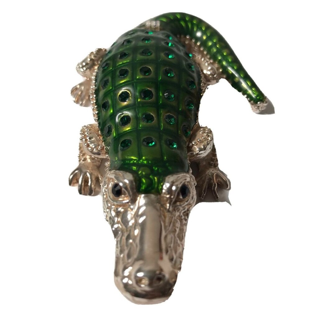 Green‎ Alligator  Hinged Metal Green Enameled Rhinestone Trinket Box 4”